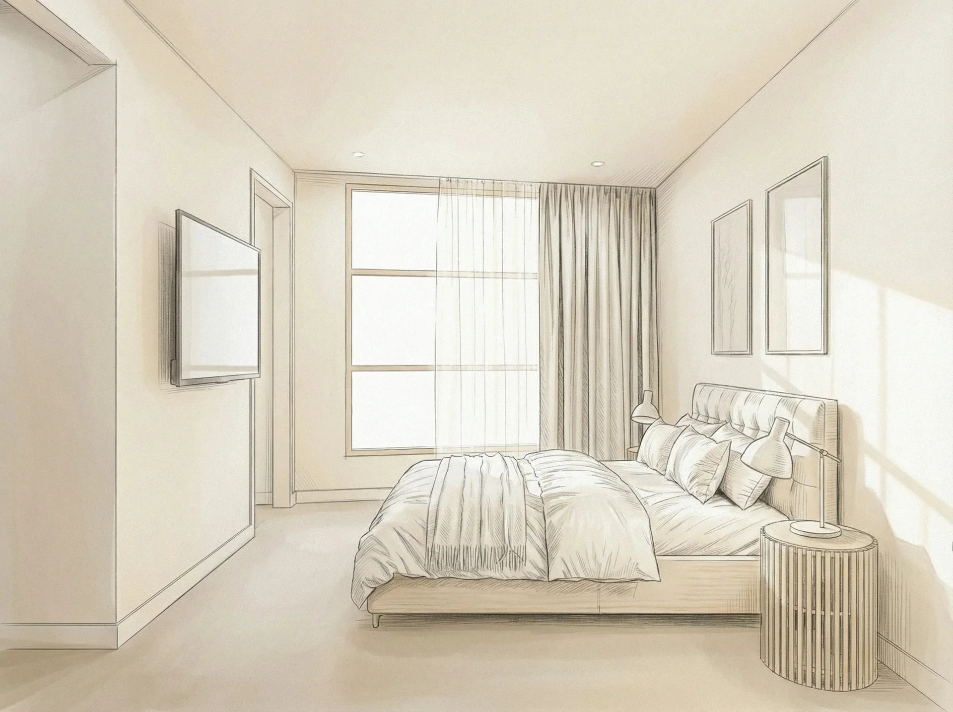 Sketch of a bedroom with a bed, side table with lamps, window with curtains, and a wall-mounted TV.