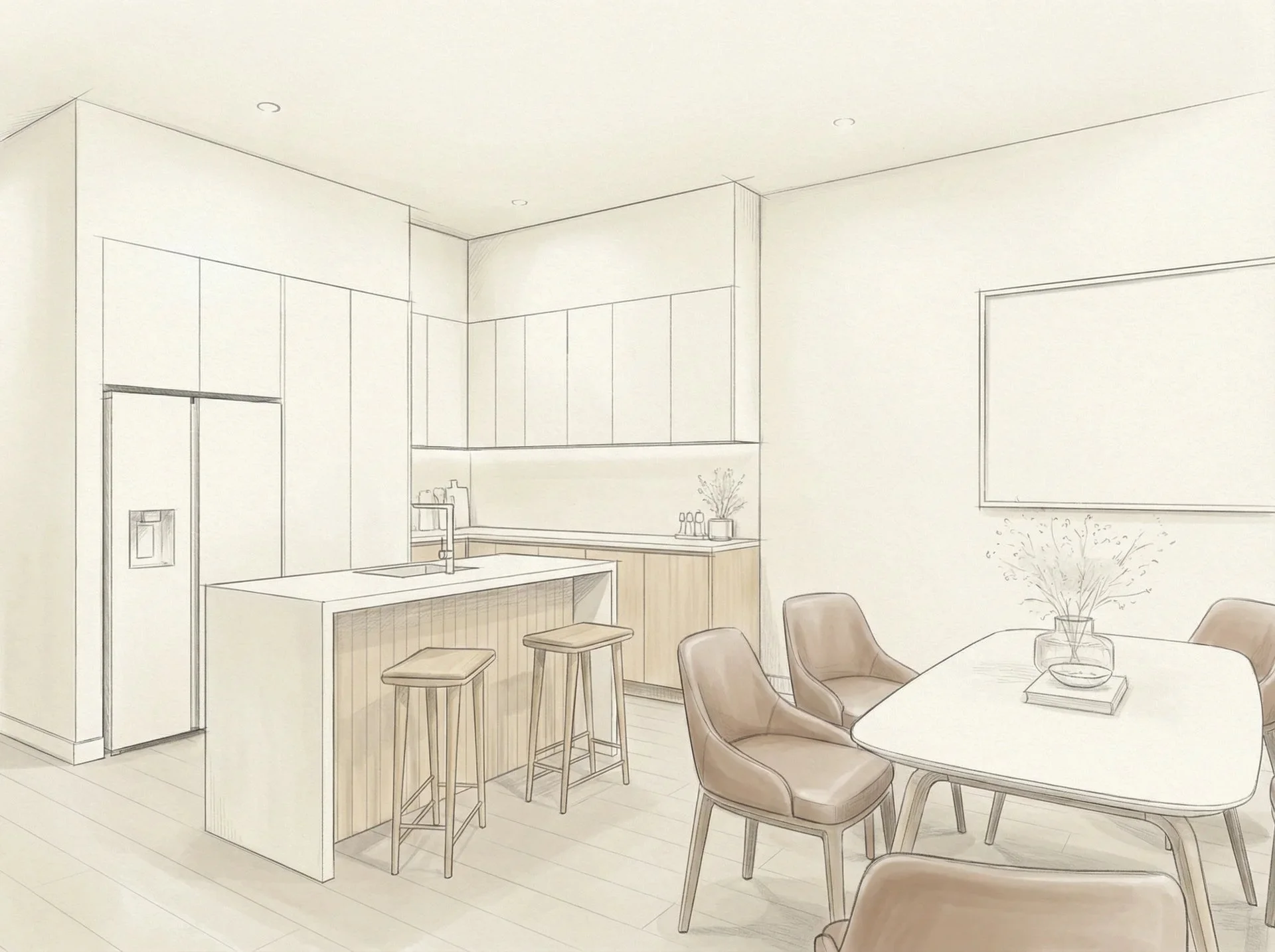A minimalist interior sketch of a dining room and kitchen with beige chairs around a white table, kitchen cabinets, an island with barstools, and a fridge, decorated with potted plants and vases.
