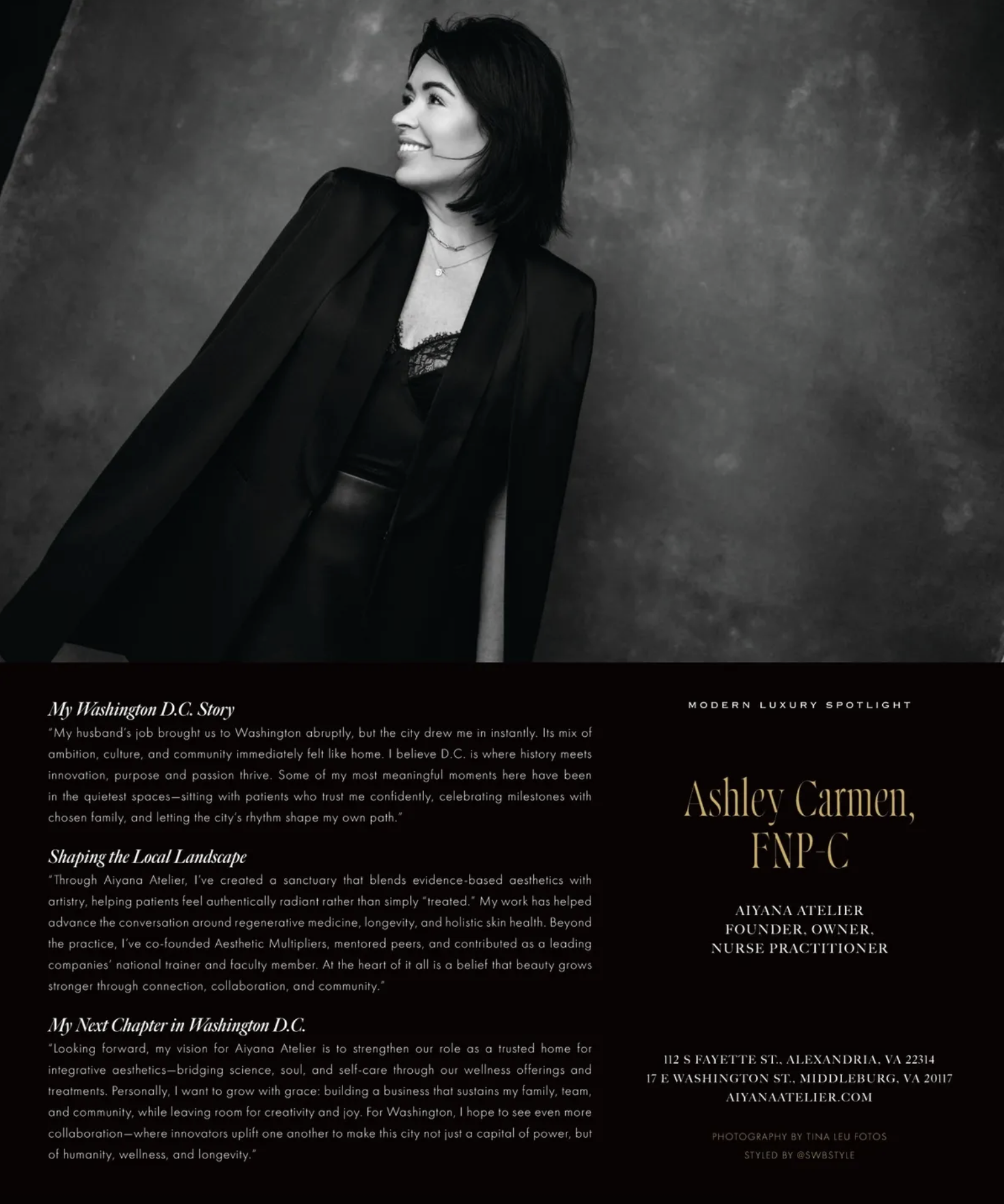 Black and white professional portrait of Ashley Carmen, a nurse practitioner, smiling and looking to her left, wearing a blazer and layered necklaces, set against a dark textured background.