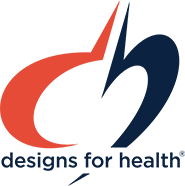 Logo for a company called 'd2h designs for health' featuring stylized lowercase 'd' and 'h' in red and dark blue, with the tagline 'designs for health' underneath.