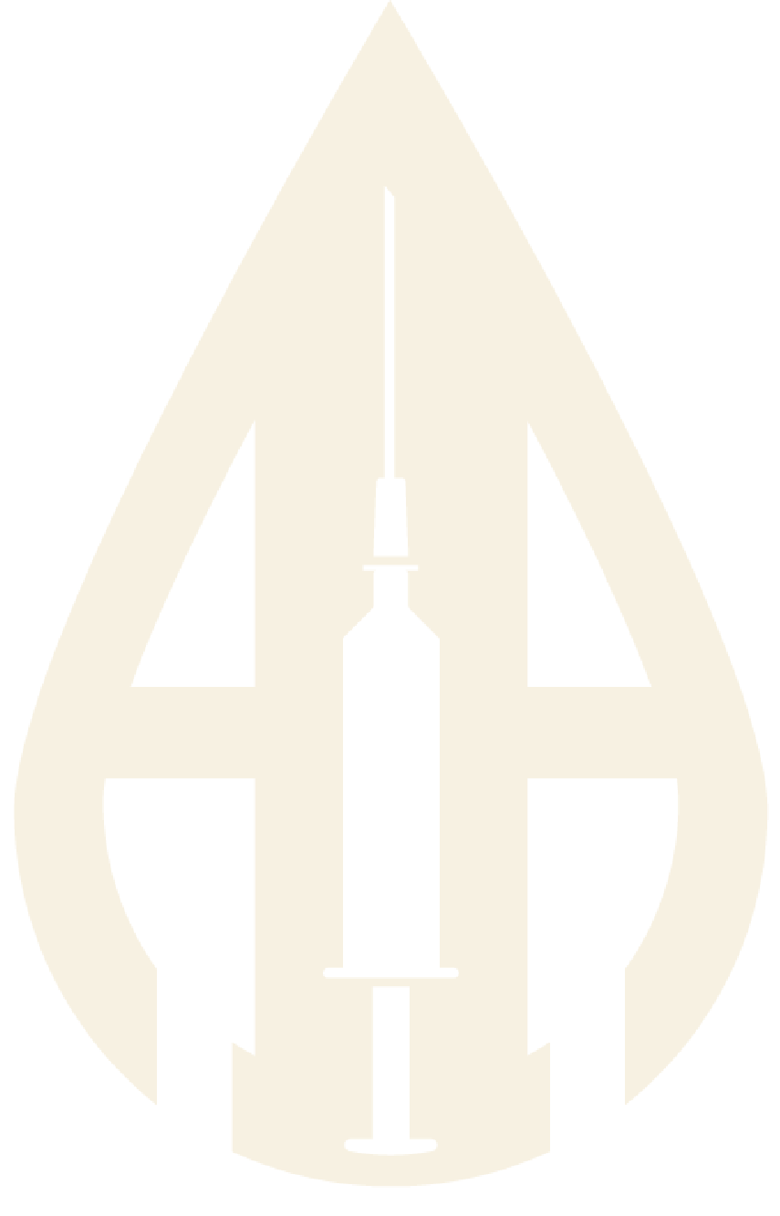Graphic of a medical syringe integrated into a gold-colored drop-shaped logo.