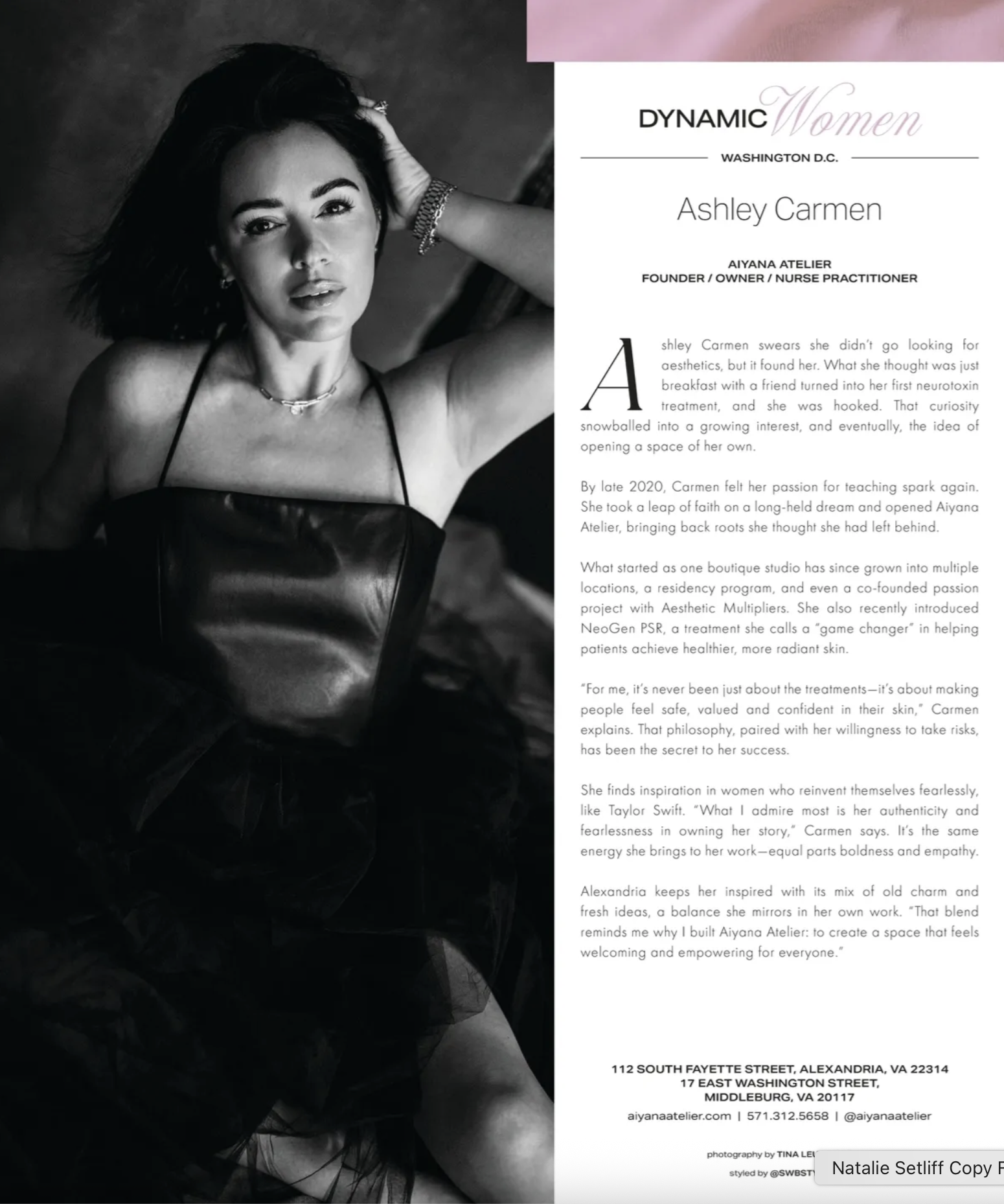 A woman with dark hair posing with her hand in her hair, wearing a spaghetti strap top and jewelry, alongside a magazine or brochure featuring her name, Ashley Carmen, and a biography about her work and philosophy.