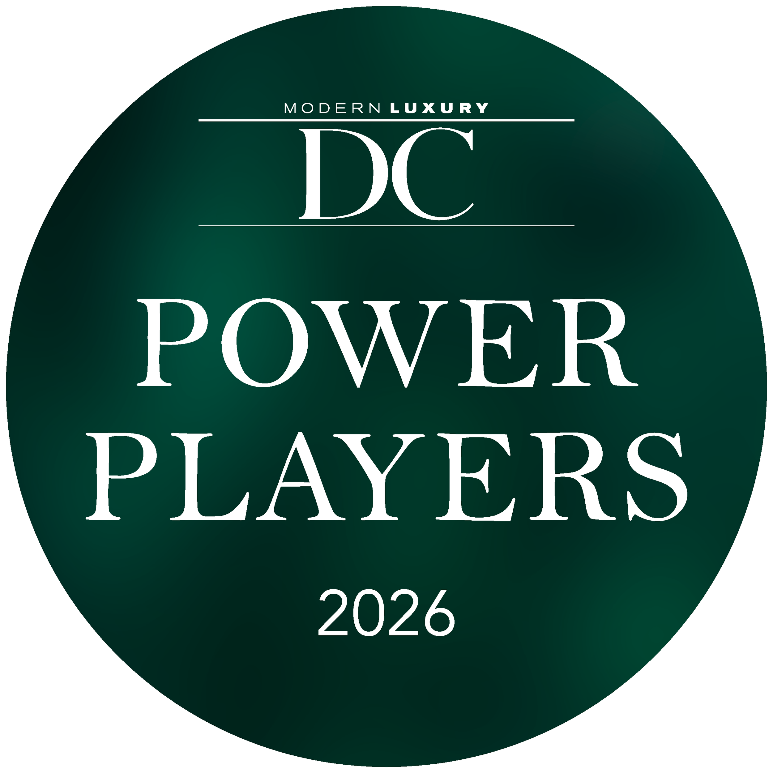 A circular badge with a dark green background, displaying the text 'Modern Luxury DC' at the top, and 'Power Players 2026' at the bottom in white letters.