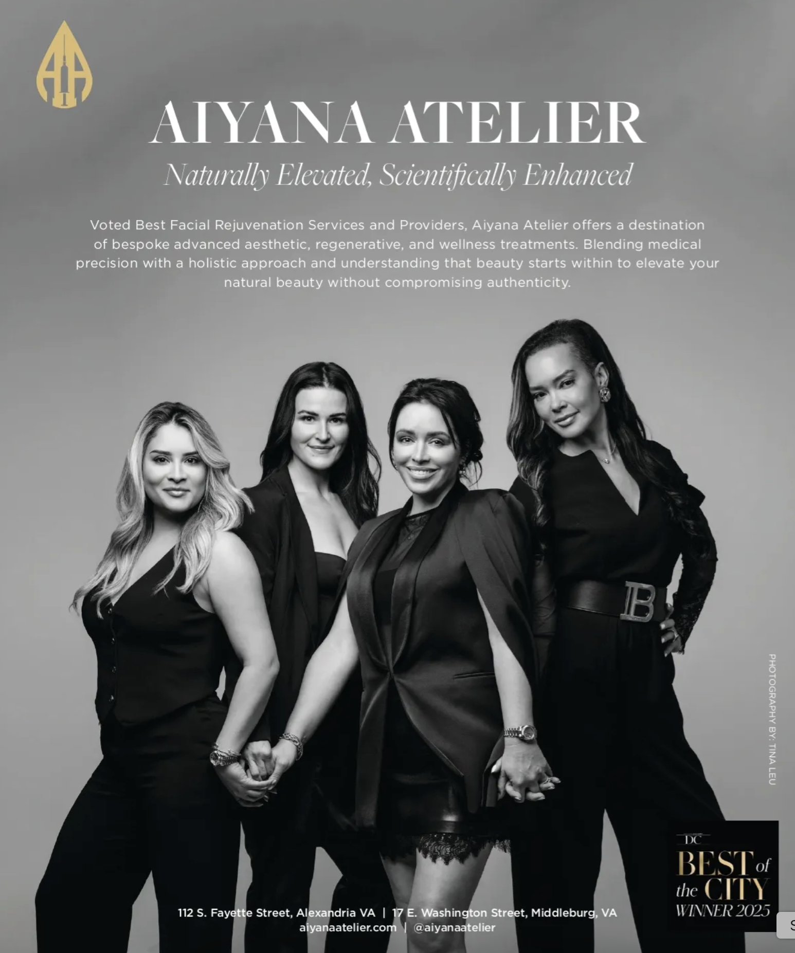 Black and white promotional poster for Aiyana Atelier featuring four women dressed in black, posing confidently against a gray background. The poster includes the atelier's logo, slogan, address, website, and social media handle.
