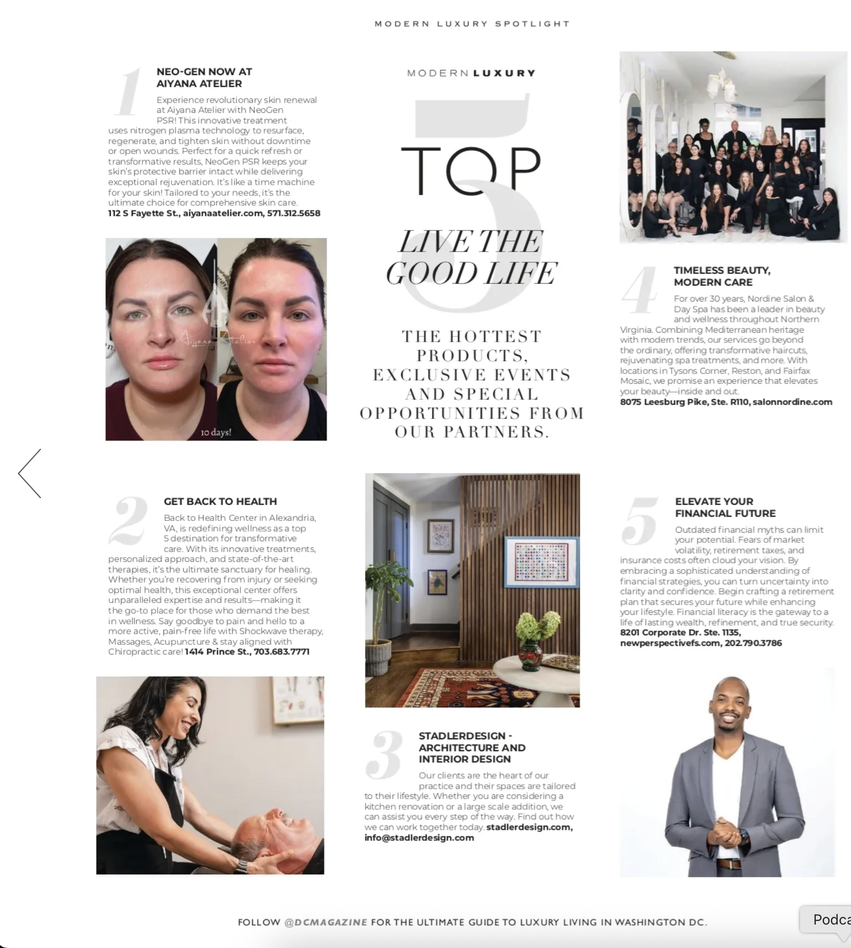 A newsletter or magazine page featuring various luxury lifestyle and wellness services including skin renewal, beauty care, wellness centers, home decor, architecture, and interior design, with images of people, a spa interior, and home interiors.
