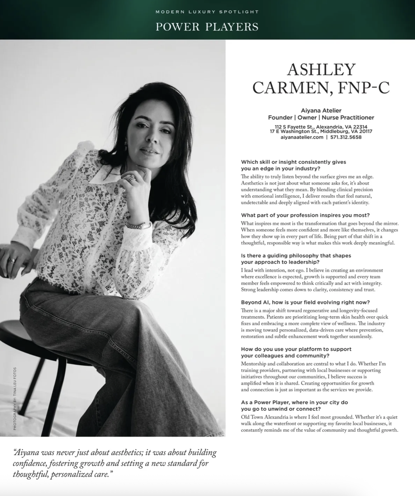 Black and white portrait of a woman with dark hair, wearing a lace top and jeans, sitting on a black chair. The right side of the image features interview-style text with her name, profession, and questions.