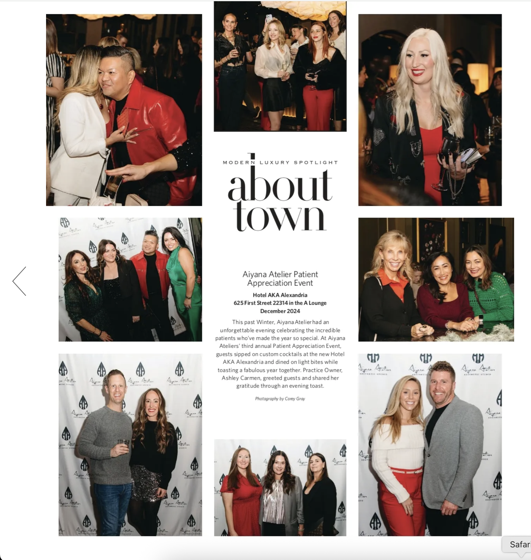 Collage of photos from the Aiyana Atelier Patient Appreciation Event in December 2024 at Hotel AKA Alexandria, showing groups of people socializing and celebrating, with some holding drinks and wearing festive attire.