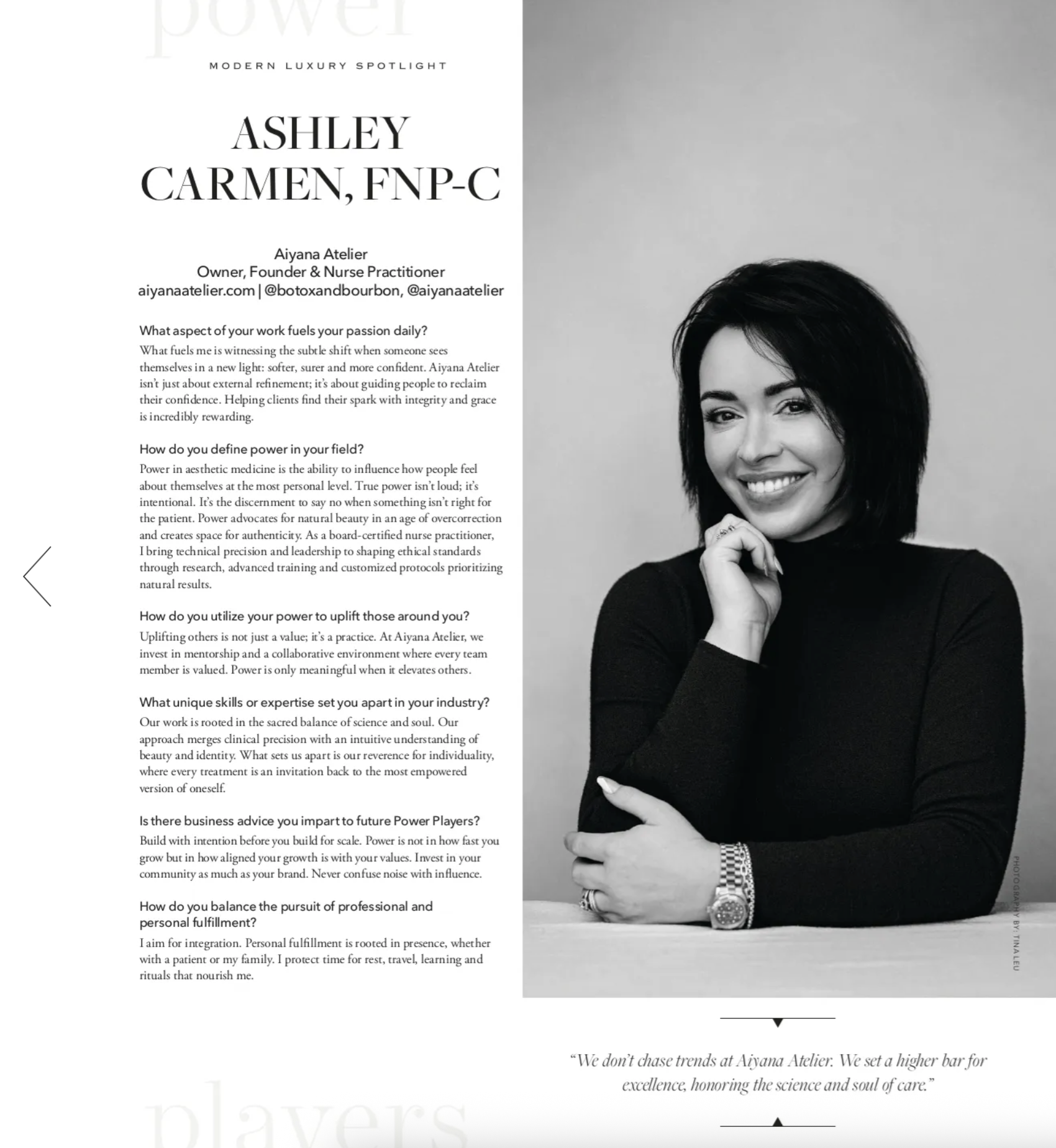 Page featuring an interview with Ashley Carmen, a nurse practitioner, including her photo on the right and text on the left discussing her work, passions, and advice for future professionals. The photo shows a woman with short dark hair, smiling, wea