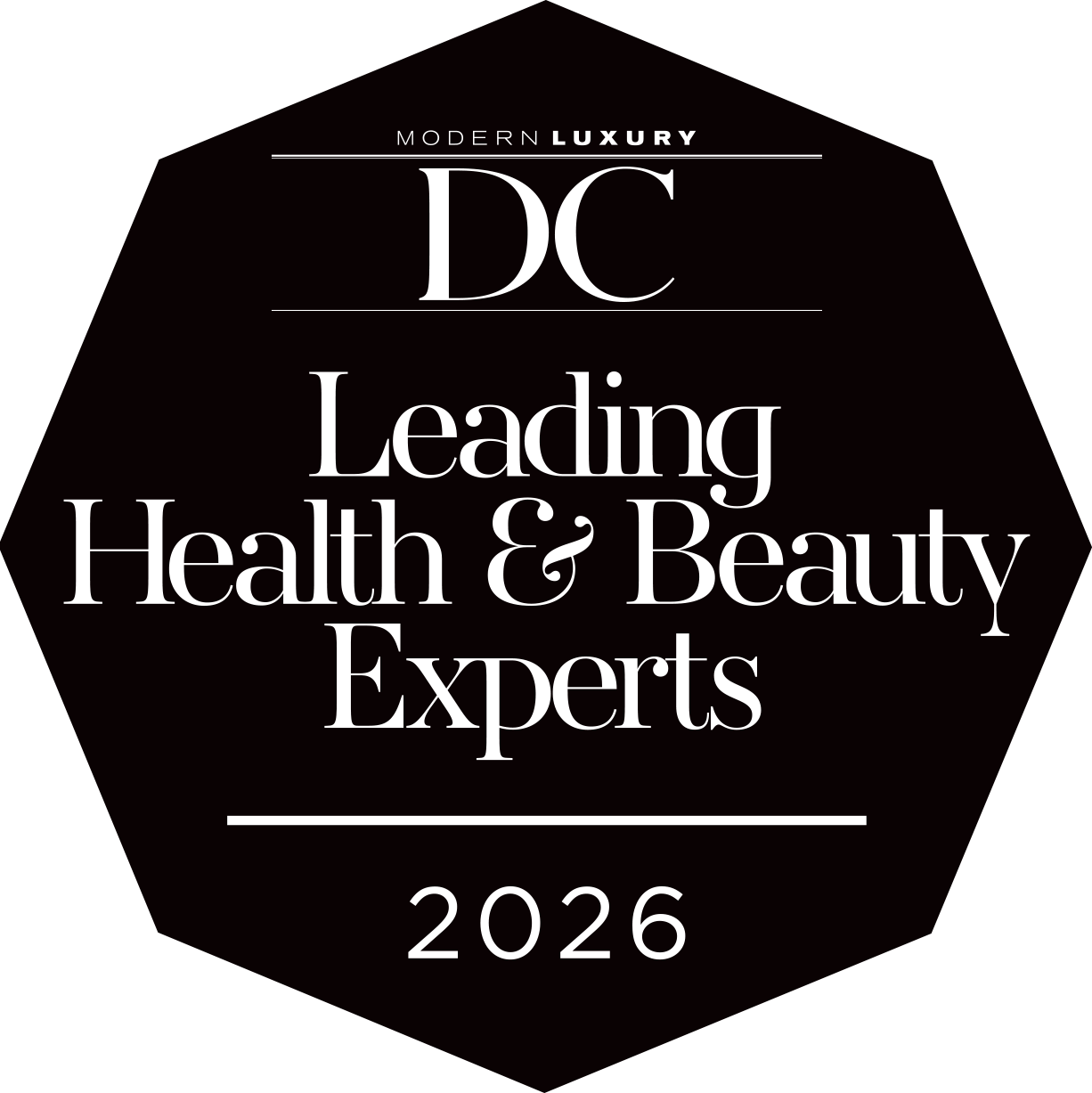 Black background with white text promoting 'Modern Luxury D.C., Leading Health & Beauty Experts 2026'.