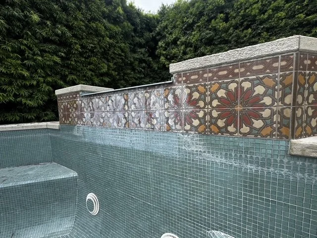 Close-up of a pool with decorative tile work, greenery in the background, and water at the surface.