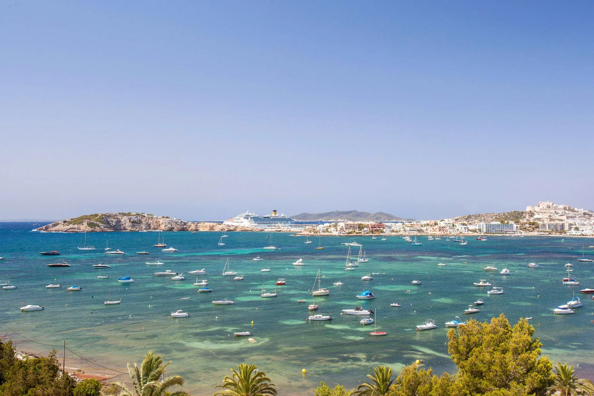 A harbor filled with numerous boats and yachts, with a coastal town and hills in the background under a clear blue sky.