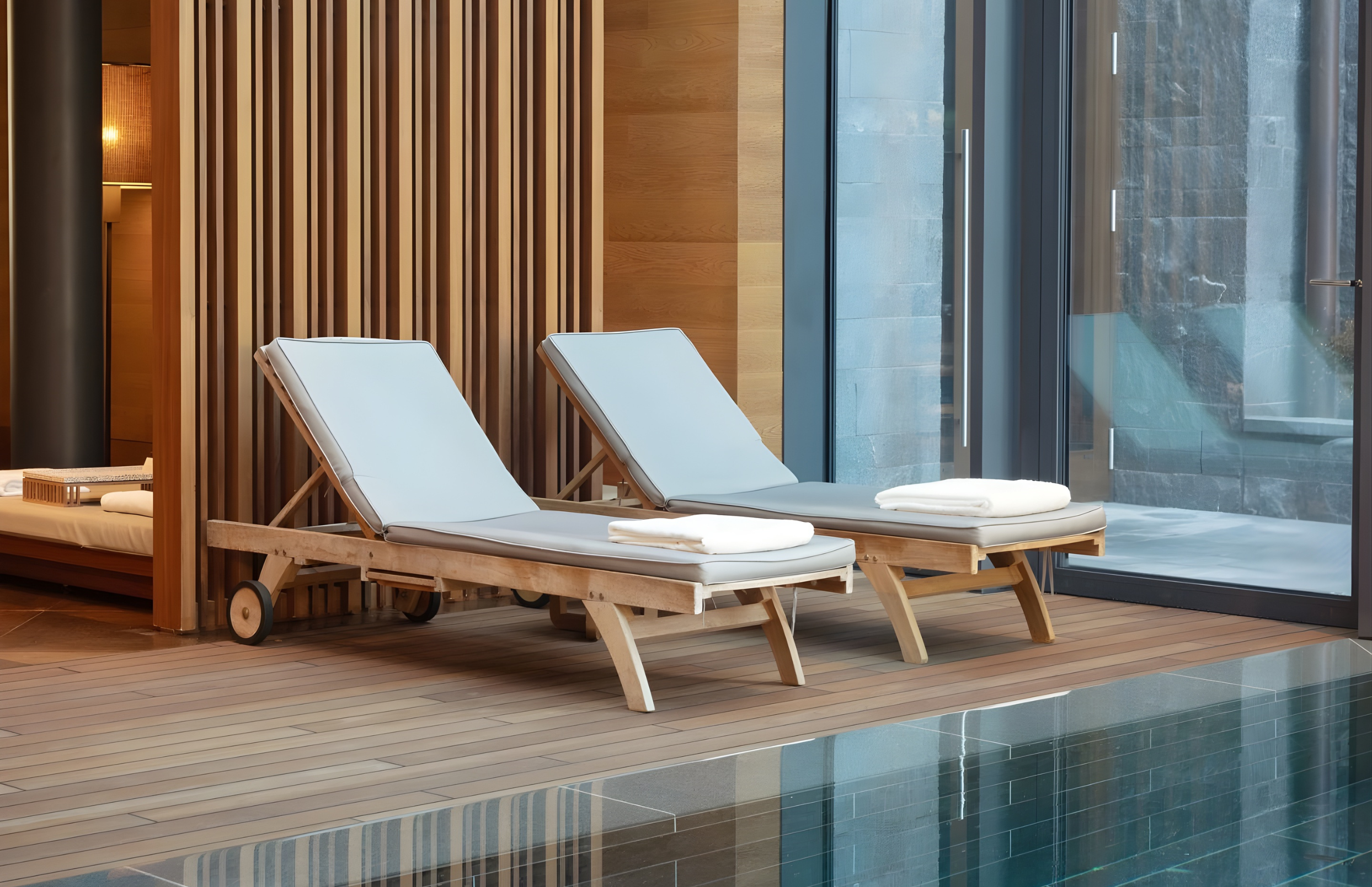 Two lounge chairs with white cushions placed on a wooden deck beside a pool with a glass wall and sliding door.