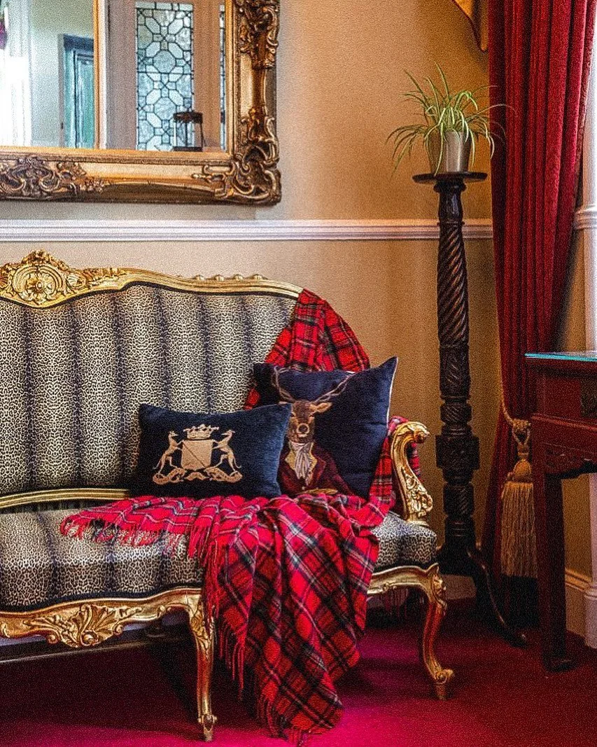 Vintage ornate sofa with leopard print fabric, adorned with navy pillows featuring heraldic emblems, and a red plaid blanket draped over it. A tall, black twisted-column plant stand with a potted plant is beside it, with a gold framed mirror above.