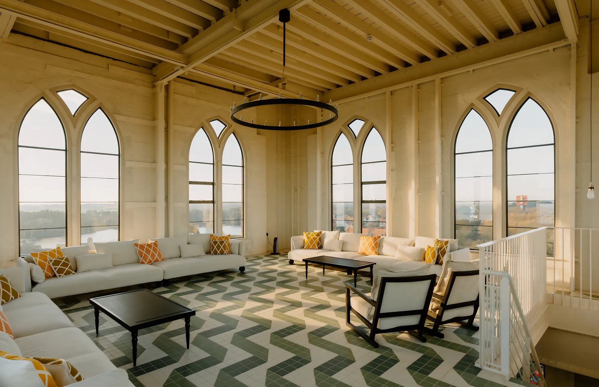 Bright living room with large arched windows, white couches with yellow and white patterned pillows, black coffee tables, and a black circular chandelier hanging from a wooden ceiling.