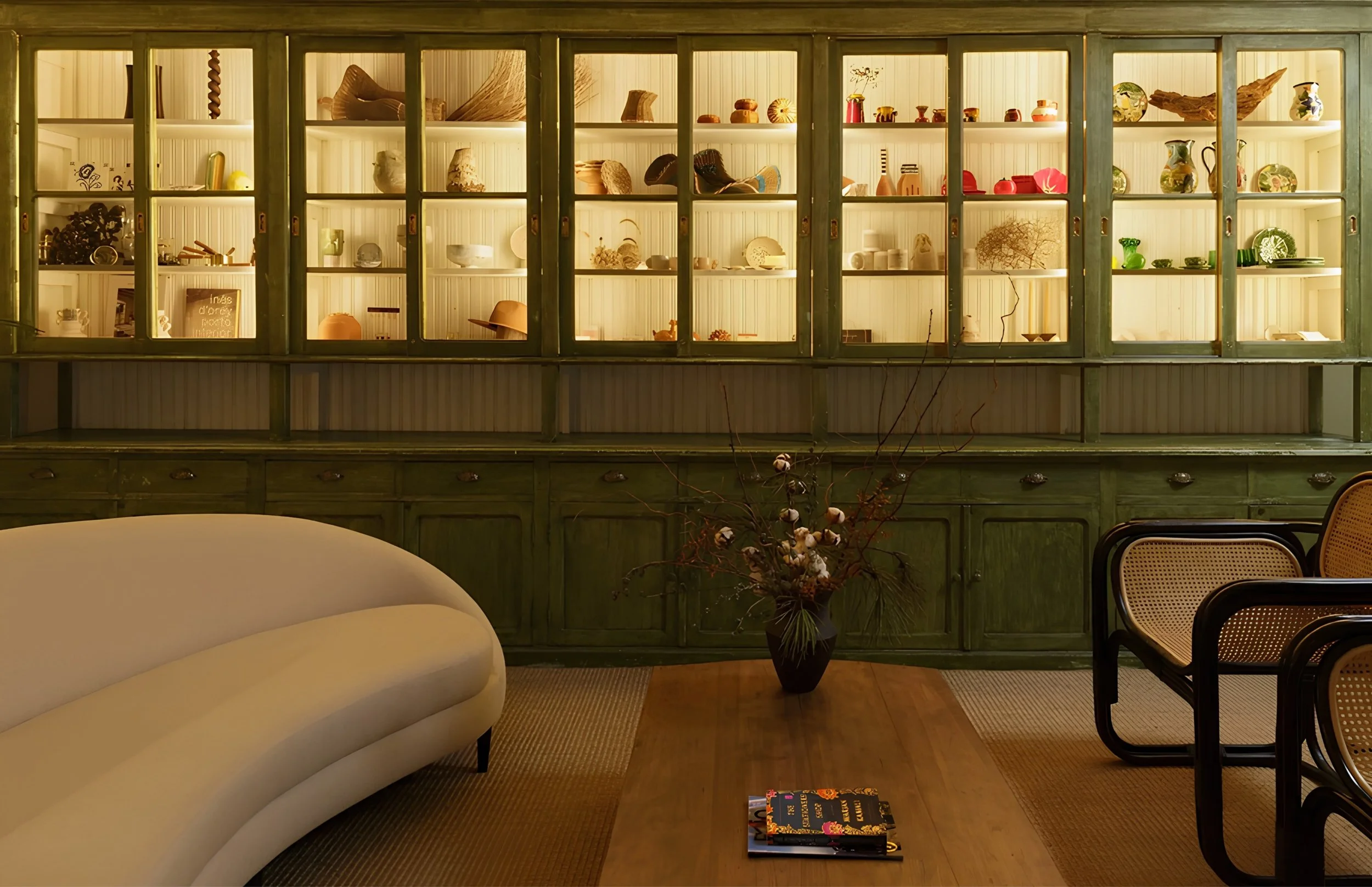 Living room with white sofa, decorative wicker chairs, dark wood coffee table with books, greenery in a vase, a large display cabinet filled with pottery, vases, and decorative objects, and a wood-paneled wall.