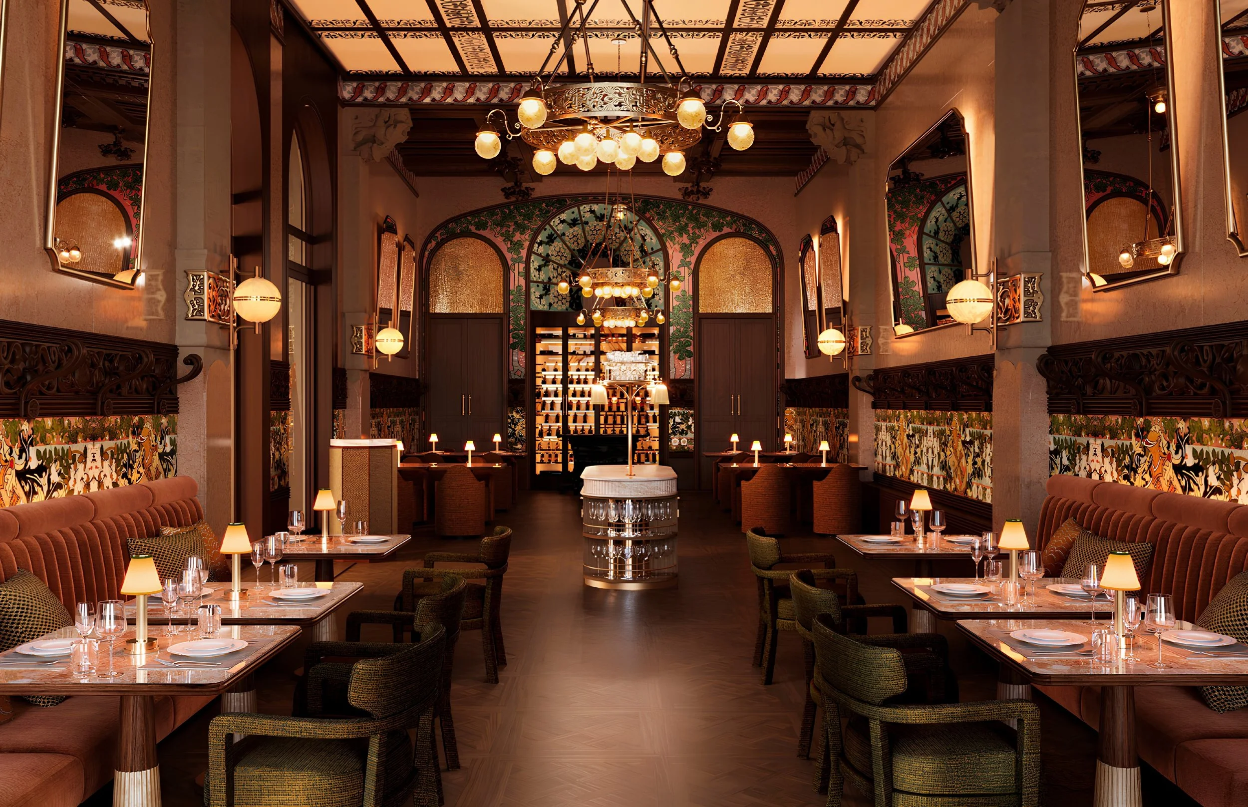 Elegant restaurant dining room with tables set with glasses, plates, and candles, plush pink and green seating, ornate wall mirrors, decorative wall panels, and elaborate lighting fixtures including chandeliers and spherical wall lamps.