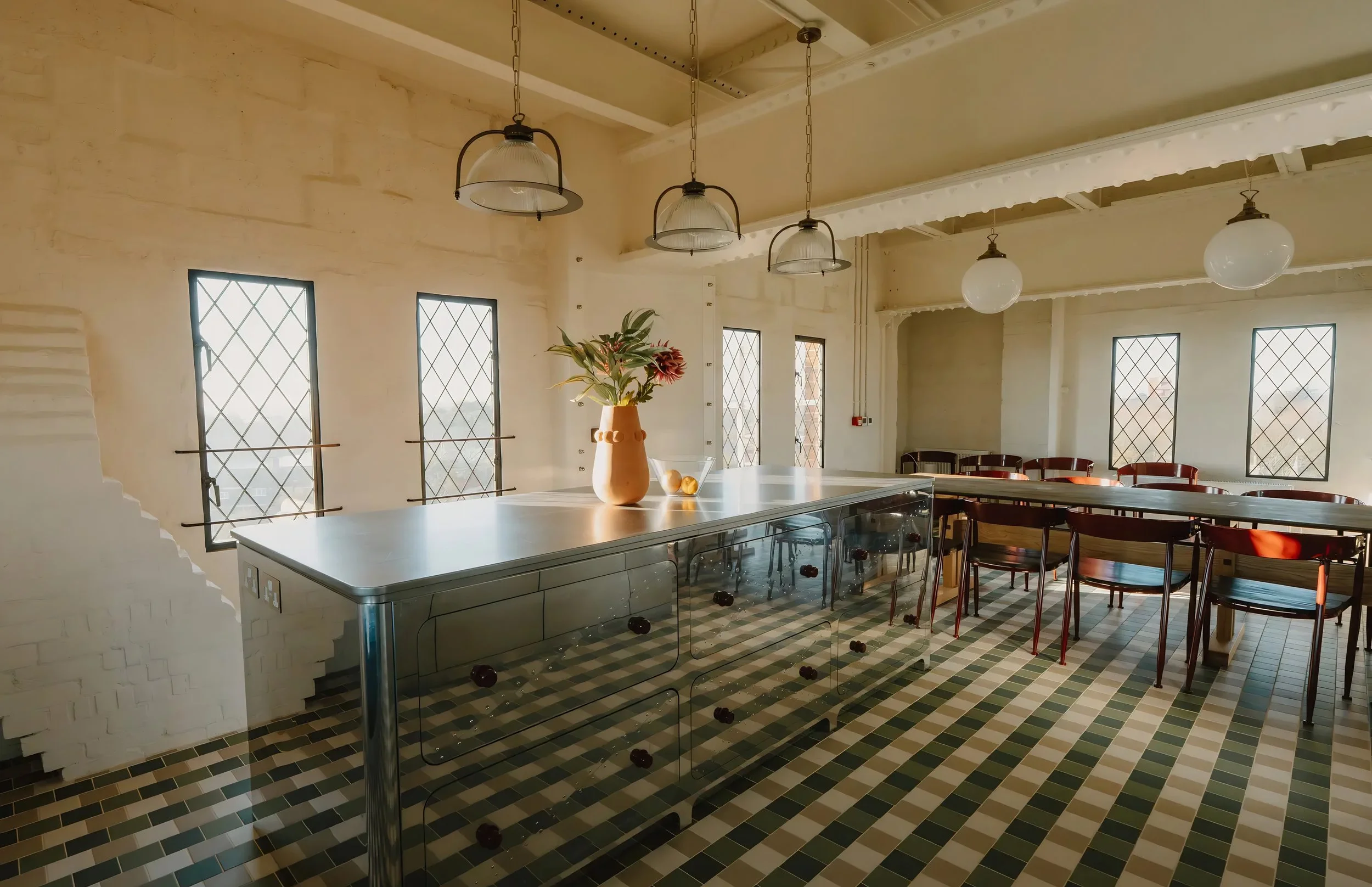 A bright, airy room with large diamond-pane windows, a white brick wall, and a black and white checkered tile floor. There is a large table with a vase of flowers, surrounded by chairs. The ceiling has white beams and hanging light fixtures.