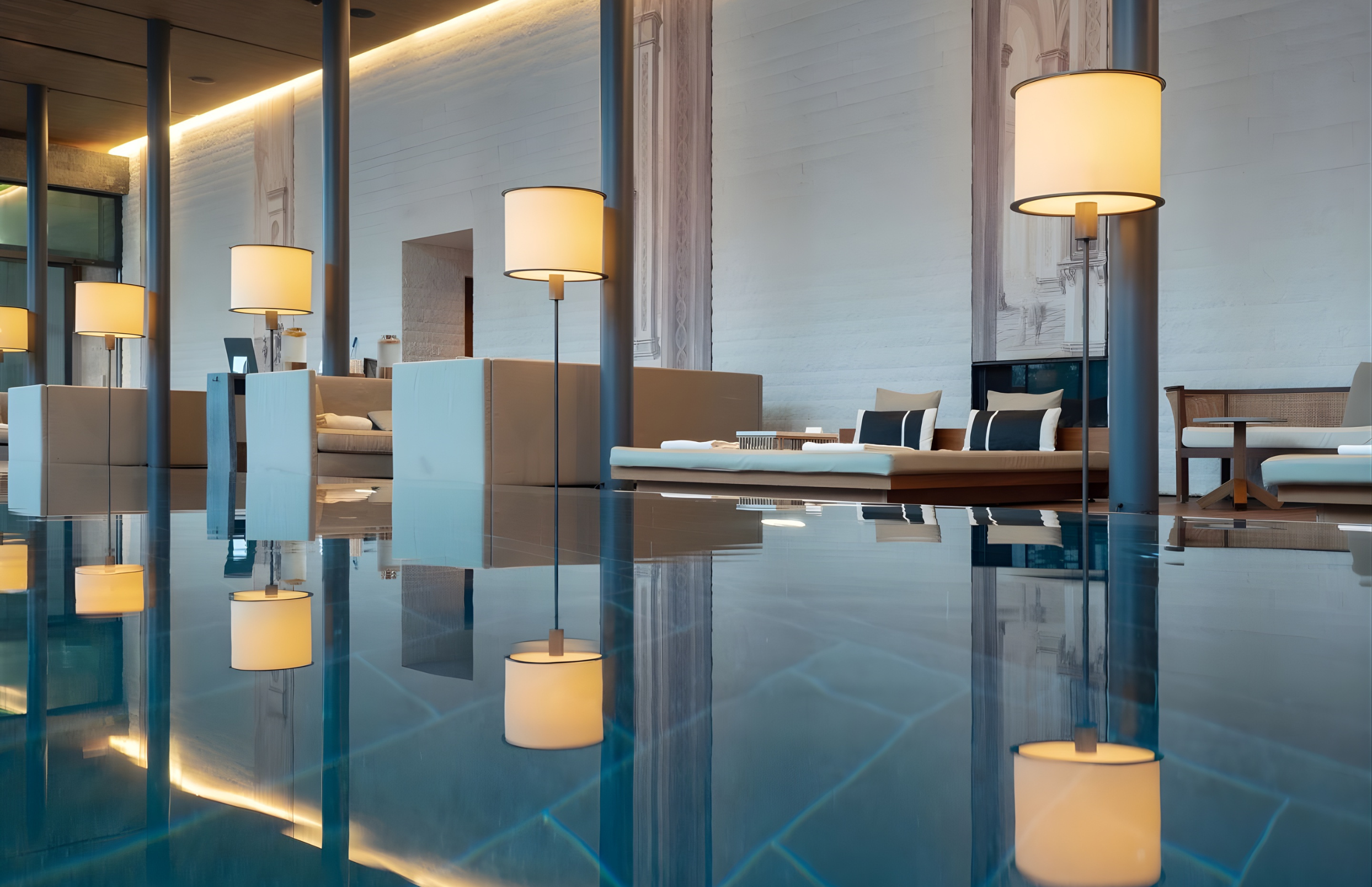 Modern hotel lobby with tall lamps and seating area reflected in a pool of water.