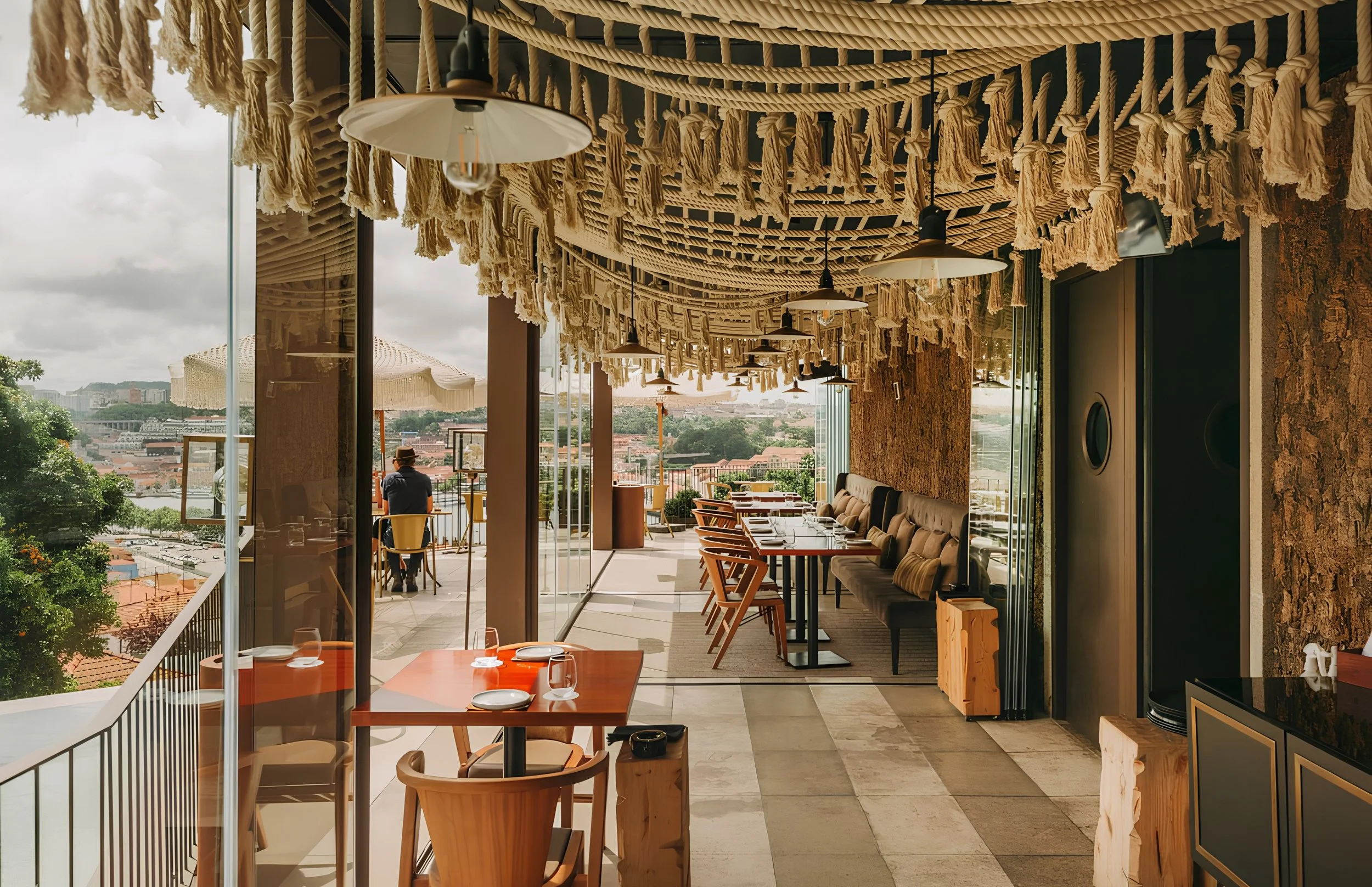 Interior of a modern restaurant with large windows, wooden tables, and chairs, decorated with hanging fabric art on the ceiling, overlooking a cityscape on a cloudy day.