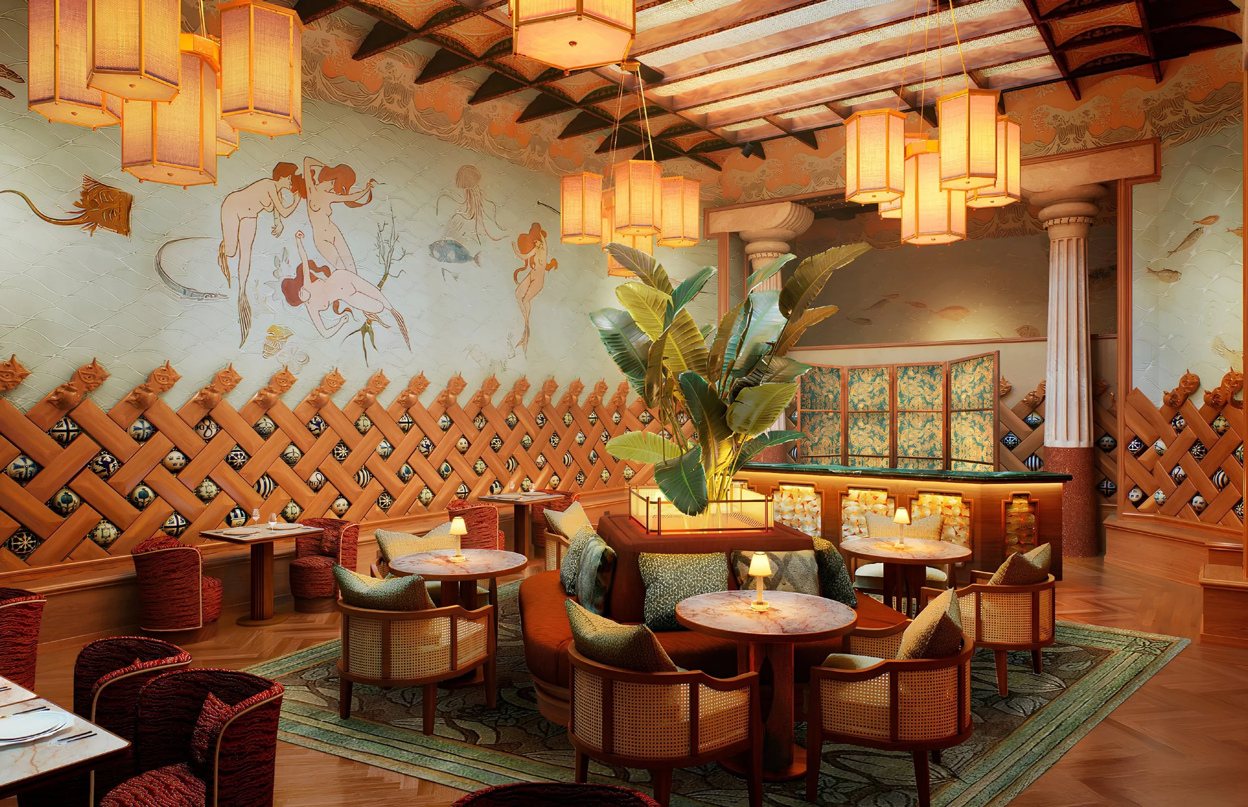 Elegant restaurant interior with warm lighting, decorative wall art featuring mythological figures, green plants, and a cozy seating area with tables and chairs.