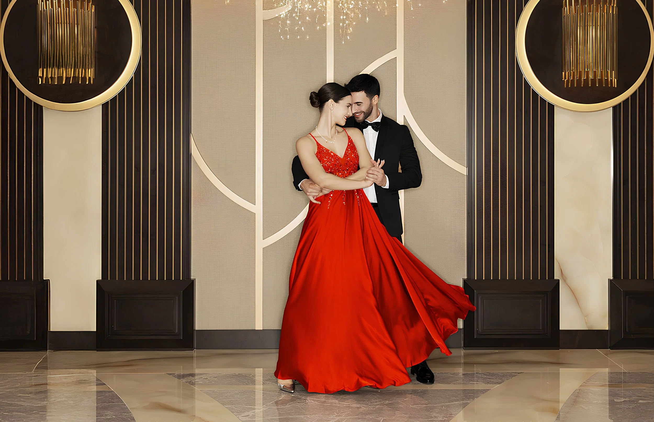 A couple dressed in formal attire, with the woman in a red gown and the man in a tuxedo, standing close together and smiling in front of a decorative wall with black and gold accents.
