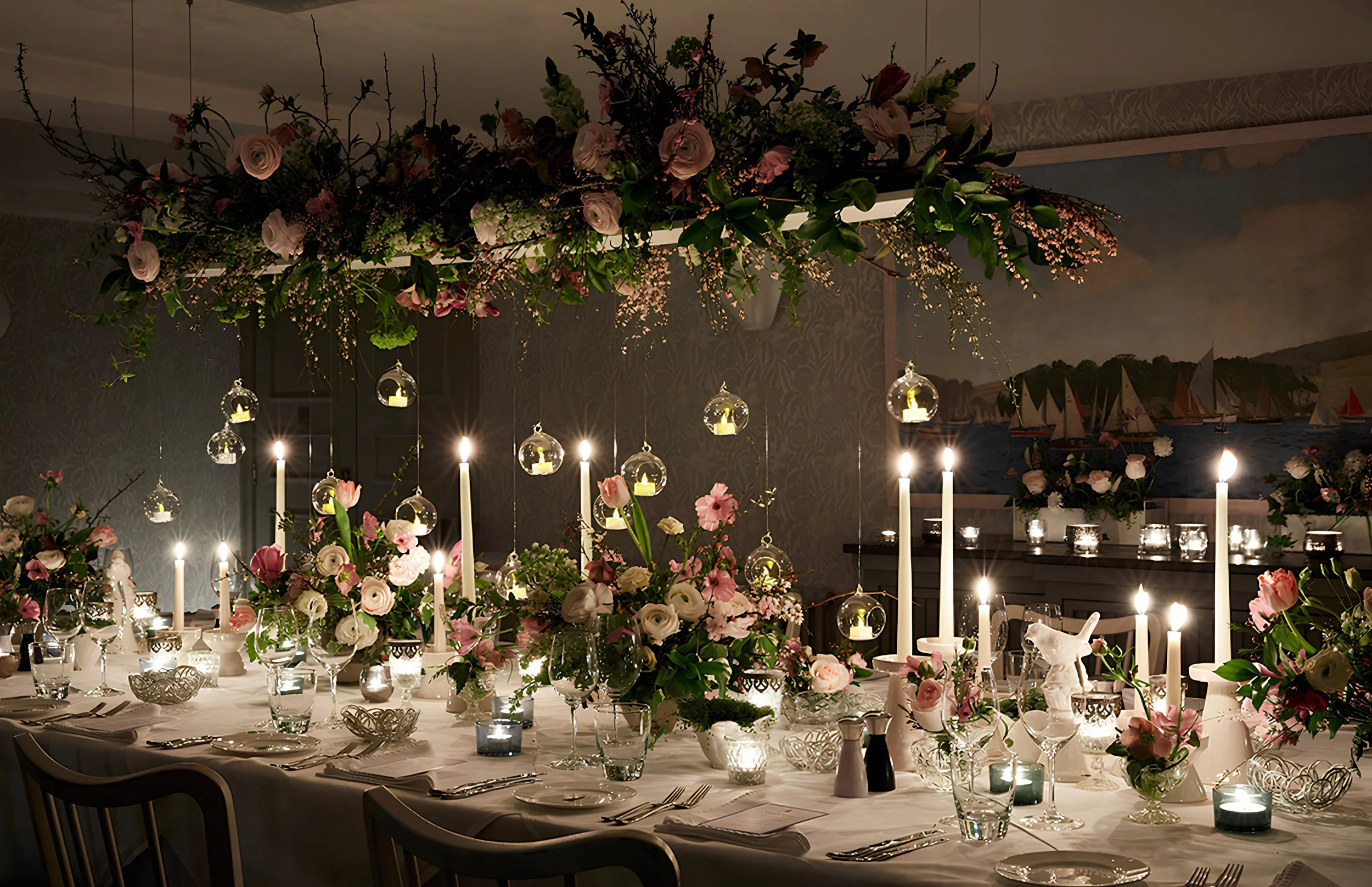 Elegant banquet table decorated with pink and white flowers, candles, and glassware under a floral overhead arrangement, with a scenic nautical mural in the background.