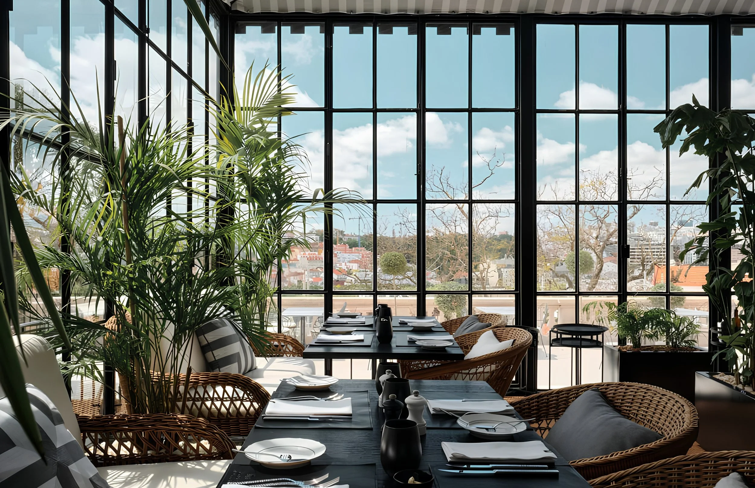 Interior of a modern restaurant with large windows, green plants, and a long table set with white plates, black cups, and tableware. Outside, a view of buildings and trees against a bright blue sky with clouds.