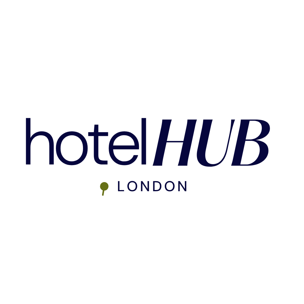 Logo for hotelHUB London featuring a stylized cloud and key icon