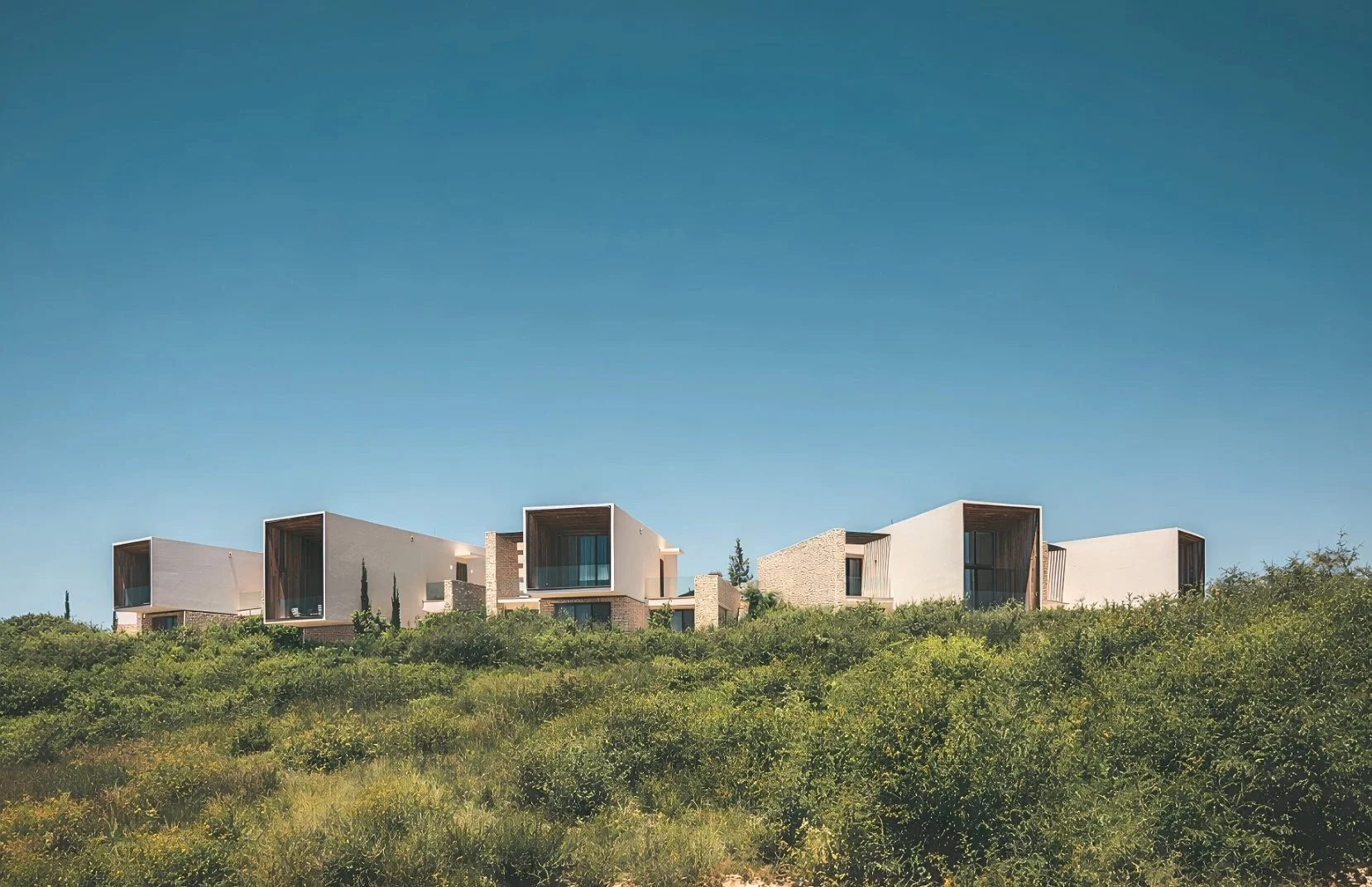 Modern houses with large windows situated on a hillside surrounded by green shrubs and bushes under a clear blue sky.
