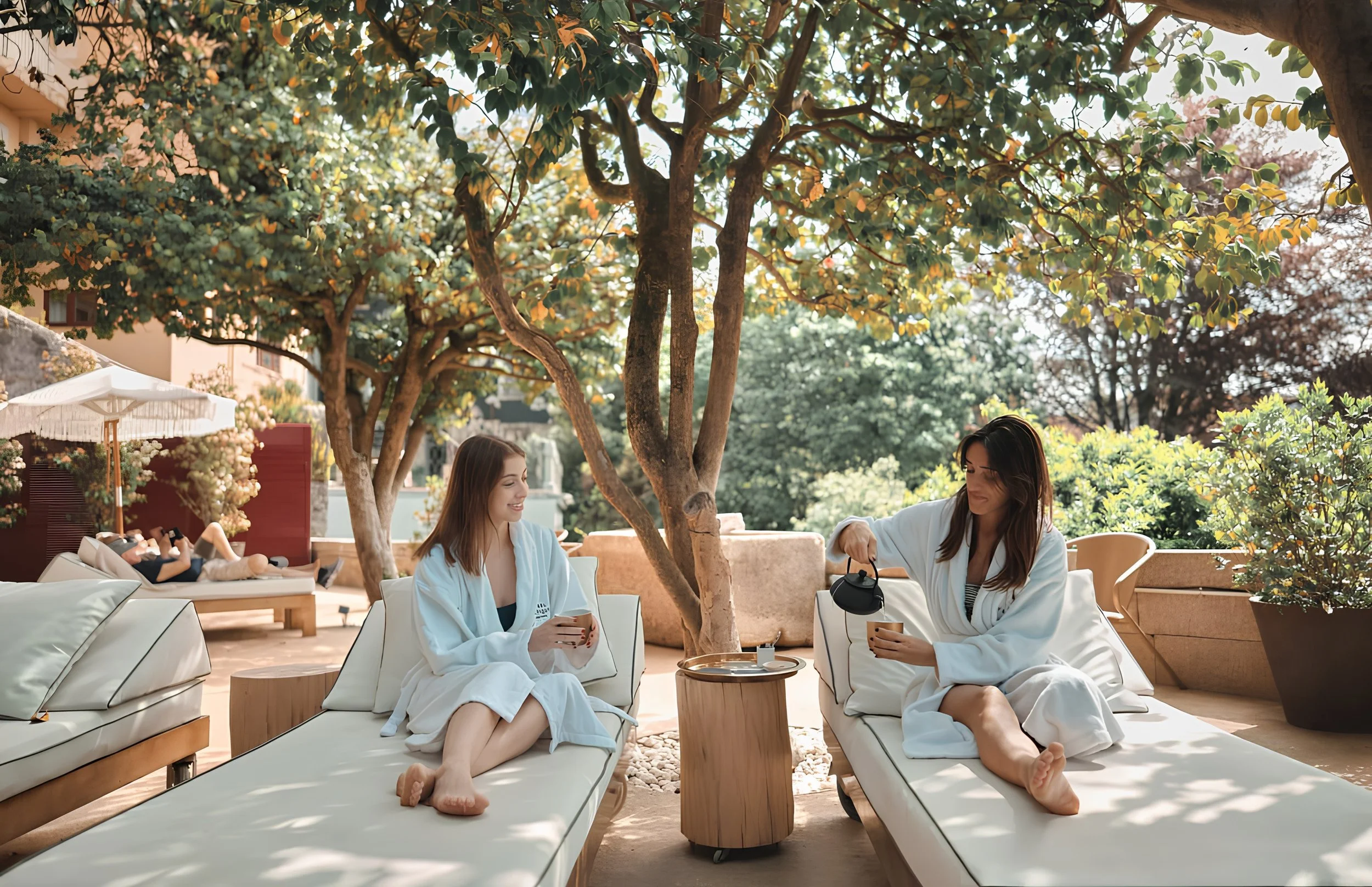 Two women in white robes sitting outdoors under a large tree, relaxing on lounge chairs with a small round table between them, and a woman in the background lying on a lounge chair, all enjoying a sunny day in a lush, green garden setting.