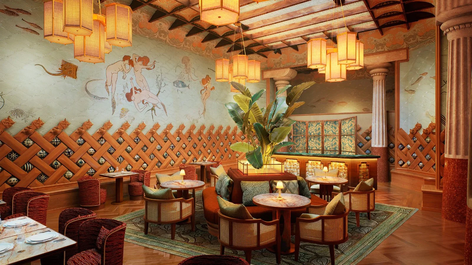 Elegant restaurant interior with warm lighting, wooden accents, and artistic wall murals.