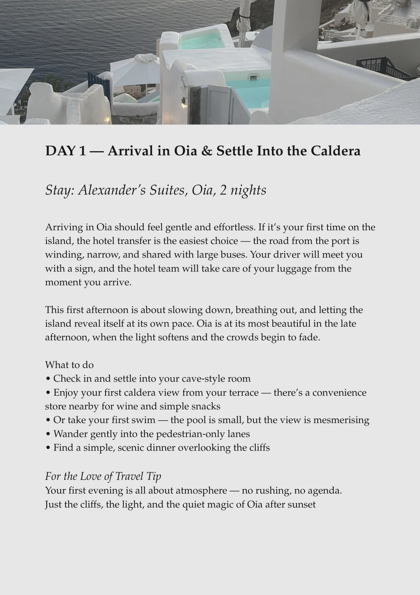 A travel itinerary page with a background image of white buildings and swimming pools on a cliffside overlooking water.