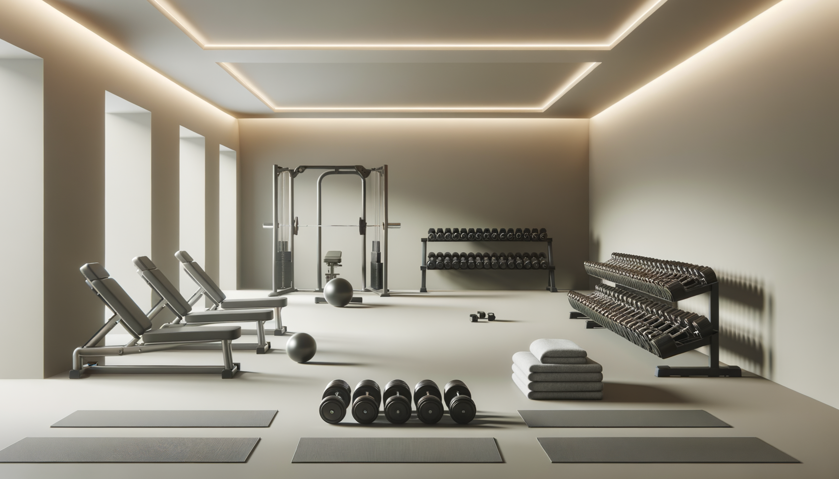Empty modern gym room with workout equipment, including adjustable benches, dumbbells, kettlebells, mats, a squat rack, exercise ball, stacked towels, and a row of kettlebells along the wall, illuminated by natural light from tall windows.