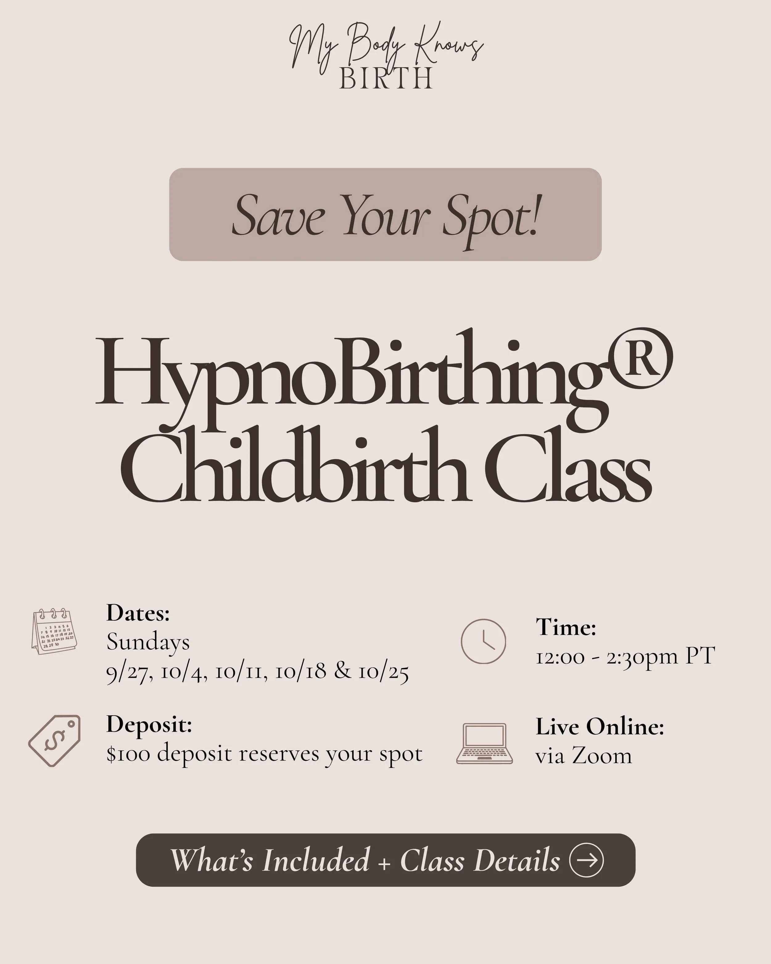 Preparing for birth and want to feel calm, confident, and informed? 🤍 My next HypnoBirthing&reg; Childbirth Class is now open for registration.

This 5-week live virtual series combines childbirth education with breathing, deep relaxation, visualiza