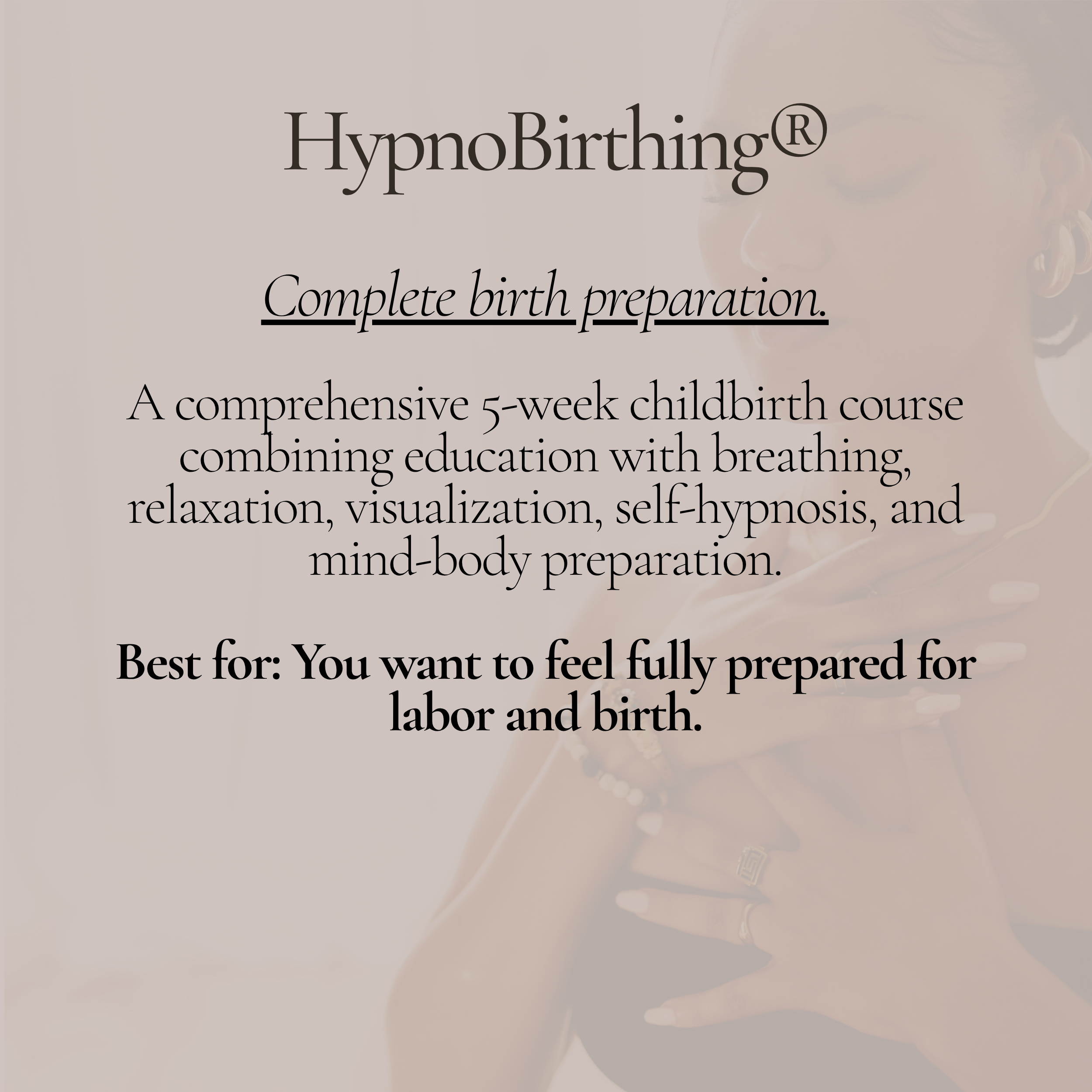Text promoting a childbirth preparation course called HypnoBirthing® with a background image showing a woman in jewelry, partially visible.