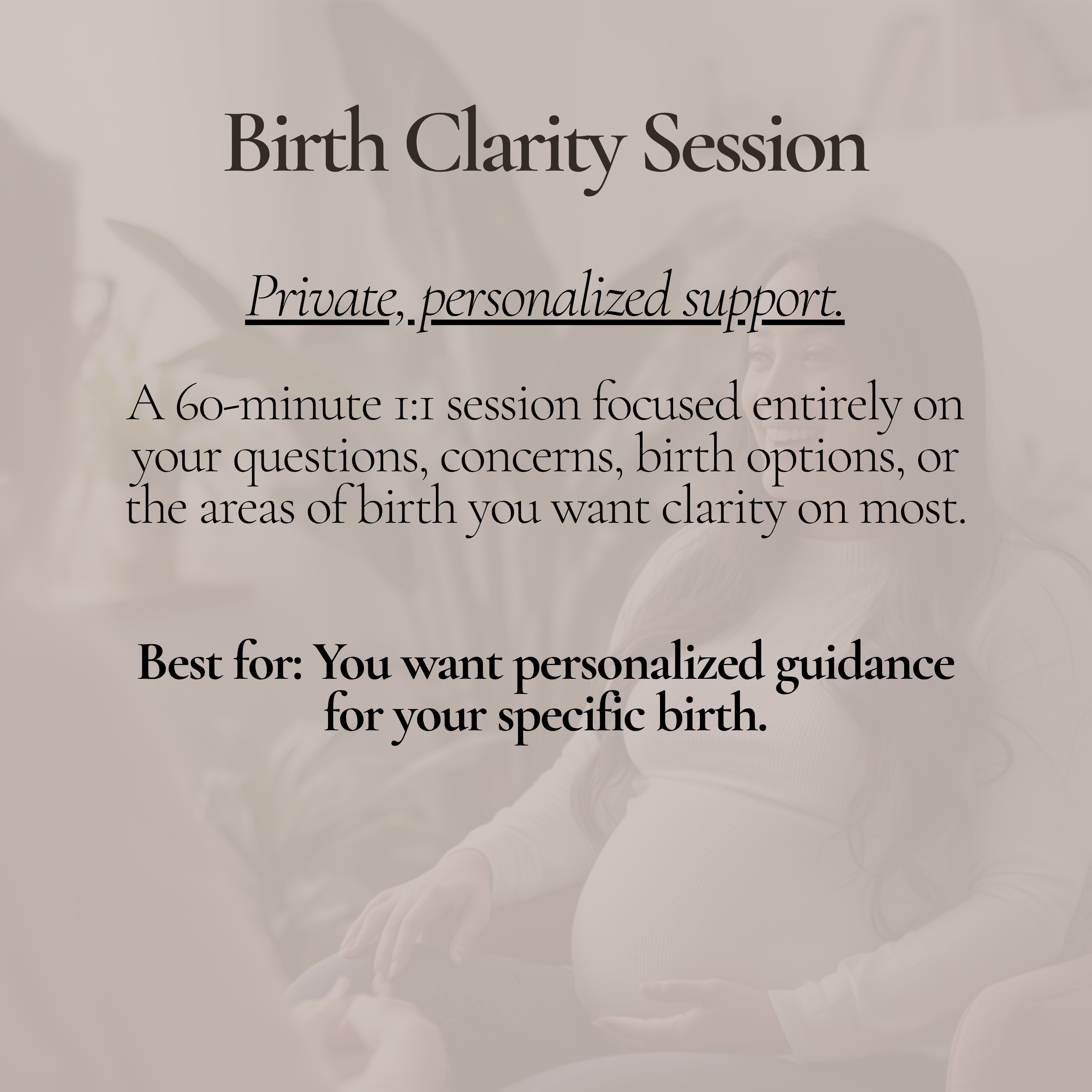 Text about a birth clarity session on a blurry background of a person holding a newborn.