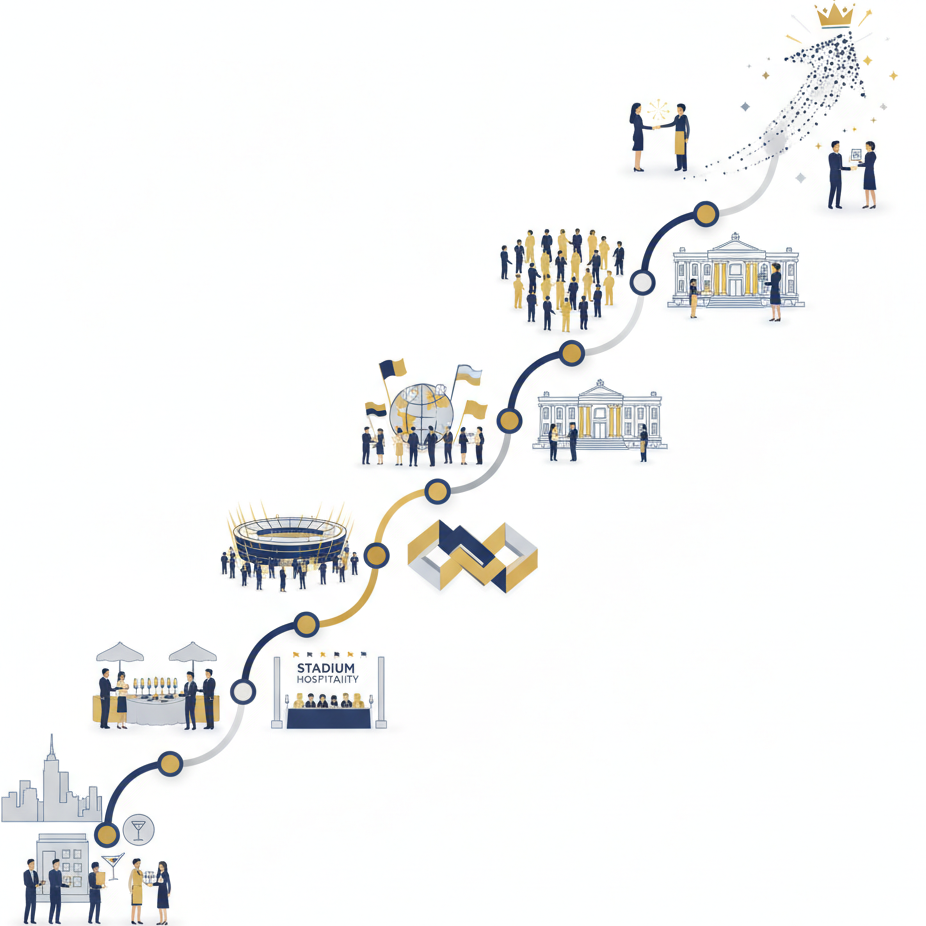 Hospitality staffing company growth infographic with NYC events, professional staff, and business expansion visuals.
