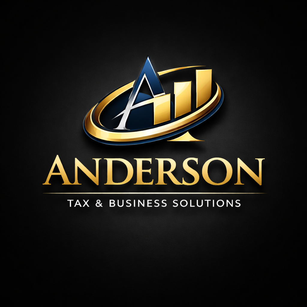 Logo for Anderson Tax & Business Solutions featuring a gold and blue emblem with a stylized 'A' and bar graph, and the name 'ANDERSON' in gold below.