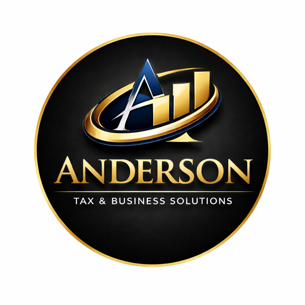 Logo for Anderson Tax & Business Solutions with a black circular background, gold and blue text, including a stylized letter A and L intertwined with a gold swoosh.