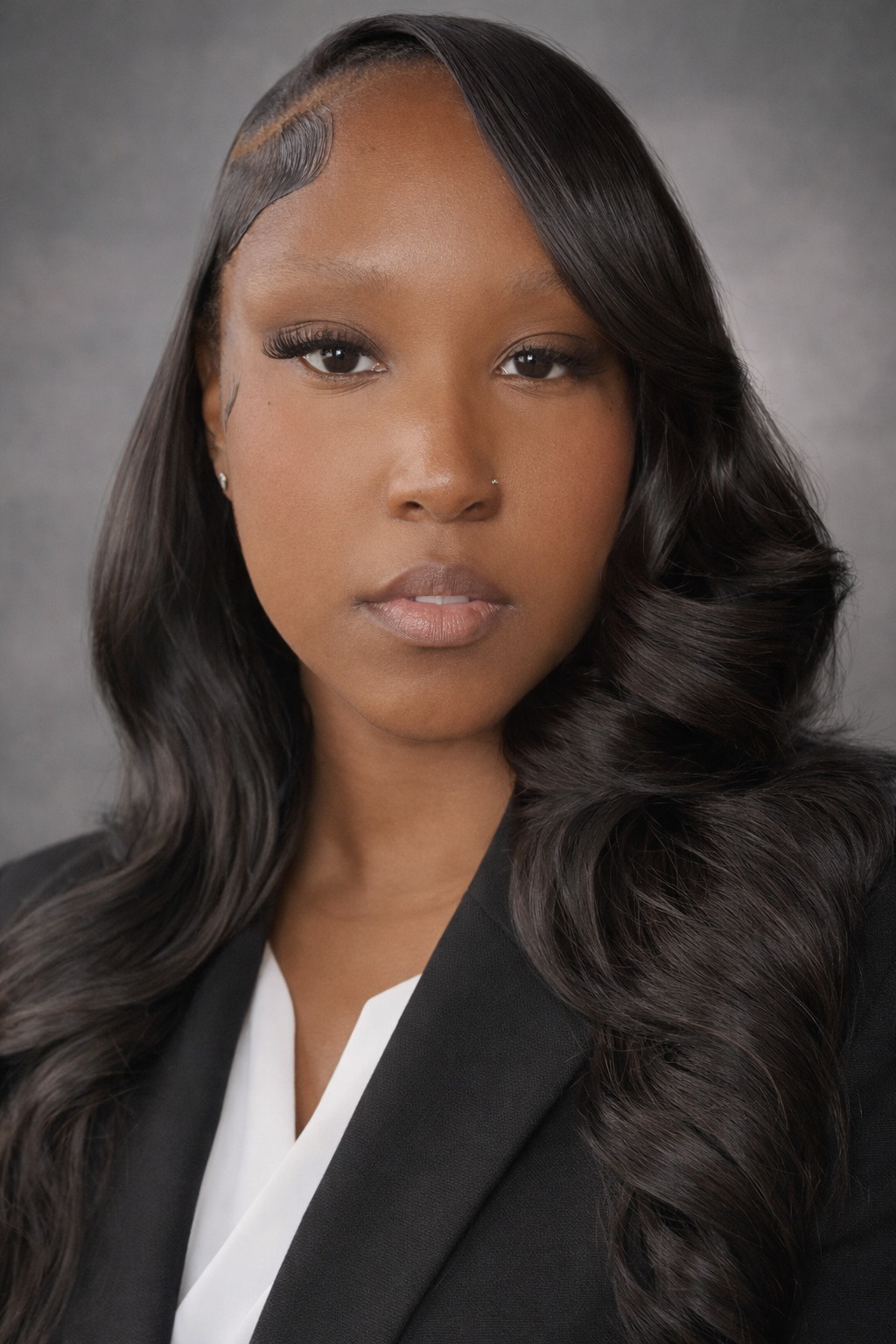 A woman with long, wavy black hair, wearing a black blazer and white shirt, looking directly at the camera.