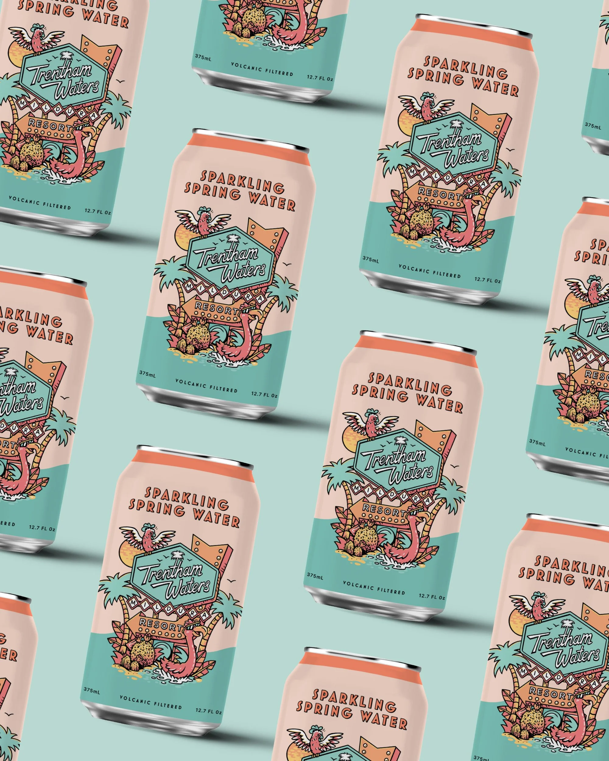 Pattern of cans of sparkling spring water called Trentham Waters, with colorful tropical illustrations including a pink flamingo, palm trees, rocks, and a setting sun, on a pastel turquoise background.