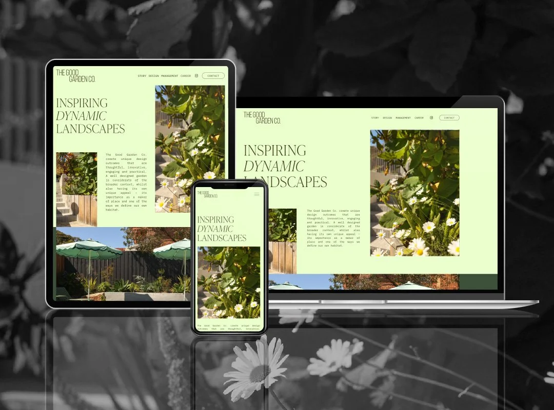 Responsive design of a gardening website on a laptop, tablet, and smartphone, featuring images of green plants with white flowers and outdoor garden scenes.