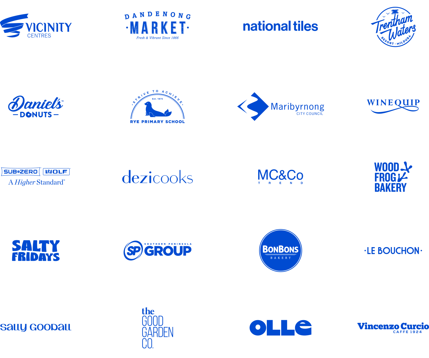 Collection of various business and organization logos in blue and black.