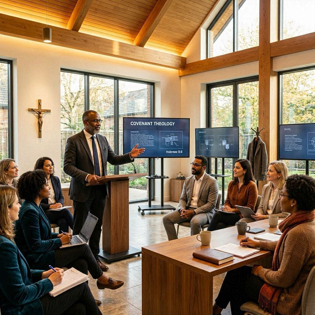 Black theological educator leading a modern covenant theology workshop with diverse adult learners in a contemporary classroom setting with digital teaching screens.
