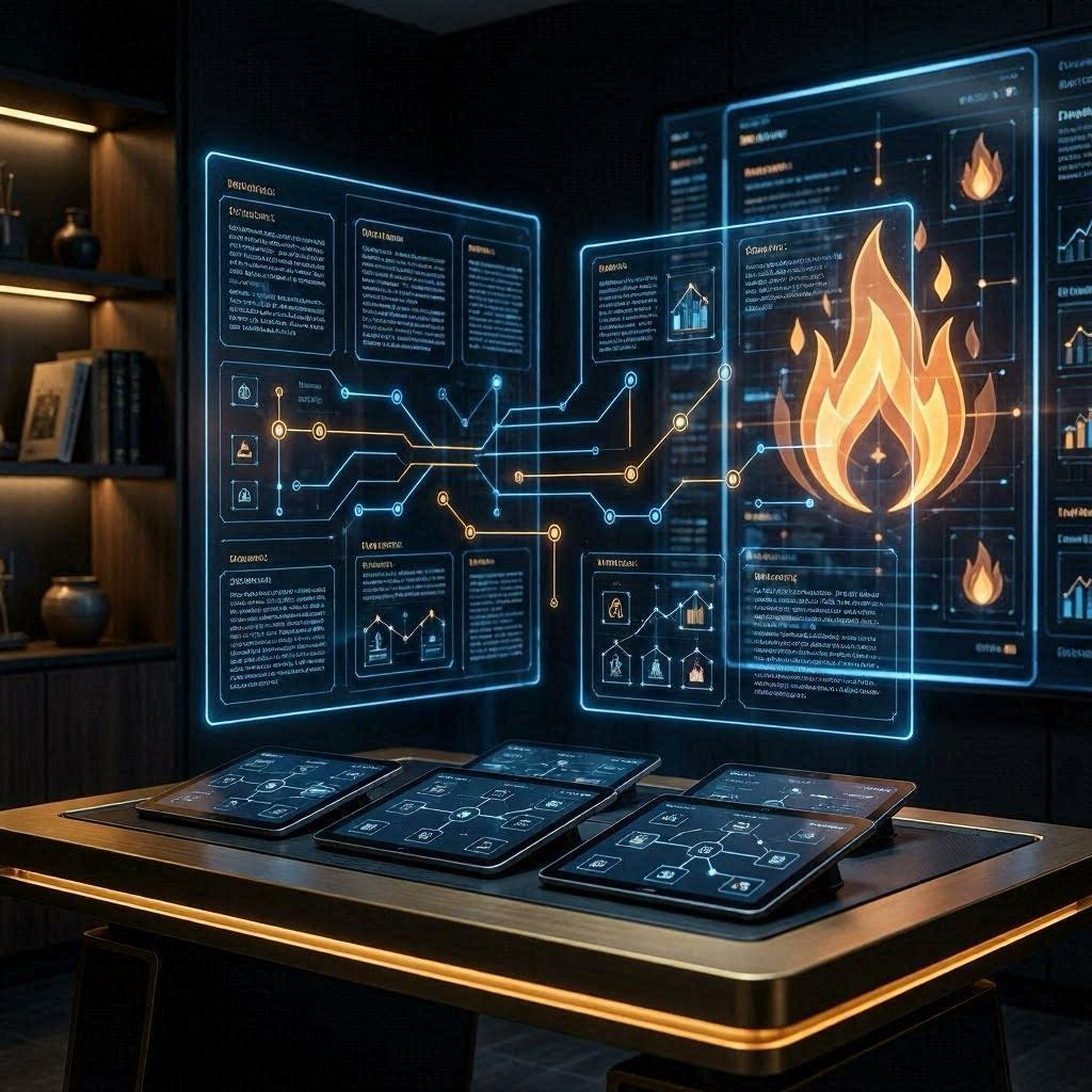 Futuristic theological study interface displaying covenant diagrams, biblical learning frameworks, and digital study resources with fire-inspired visuals.