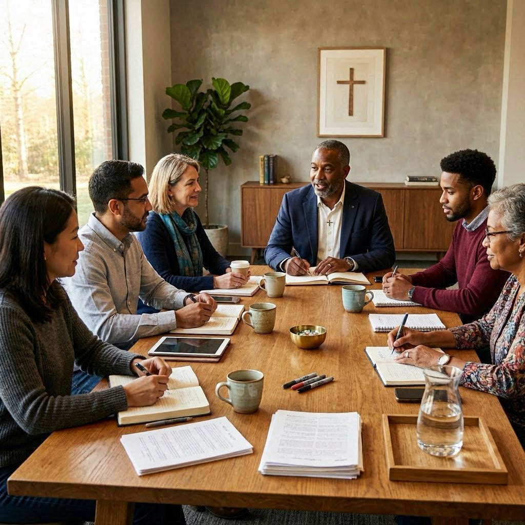 Diverse leadership group gathered around a table for guided covenant theology discussion in a calm retreat-style learning environment.