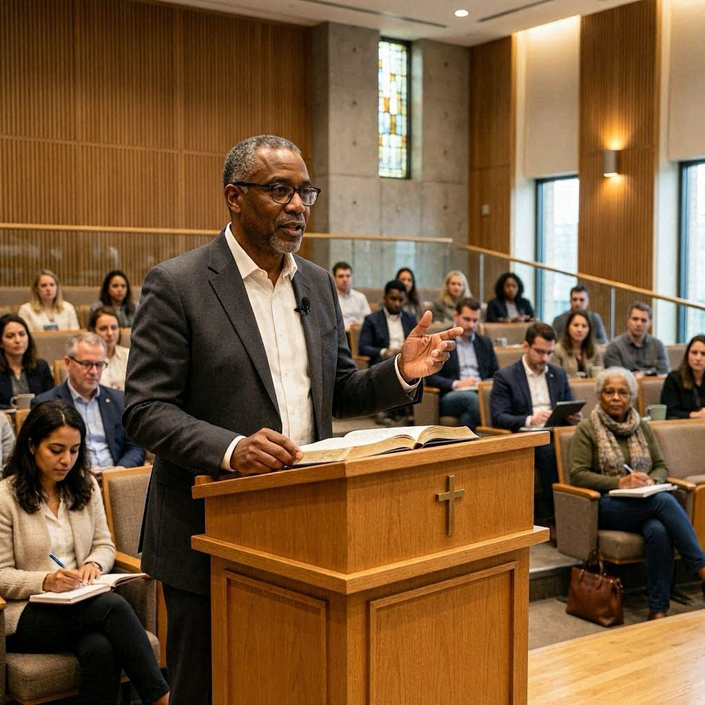 Black professor delivering structured theological teaching in a modern lecture hall with adult students listening and taking notes.