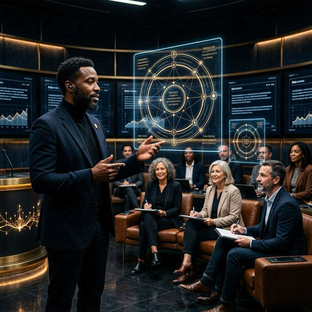 Black British theologian leading a futuristic covenant teaching session using holographic biblical framework visuals in a premium theological learning environment.