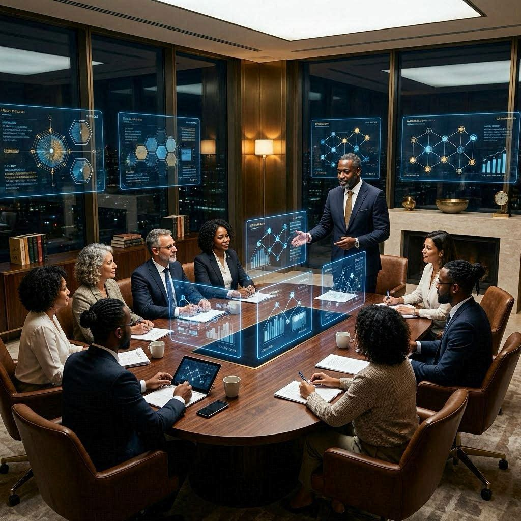 Diverse leadership team participating in a strategic covenant-based teaching discussion around a conference table with modern visual presentation screens.