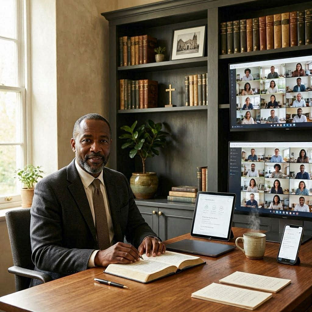 Black theological educator hosting an online covenant teaching session from a modern study space with virtual participants joining remotely.
